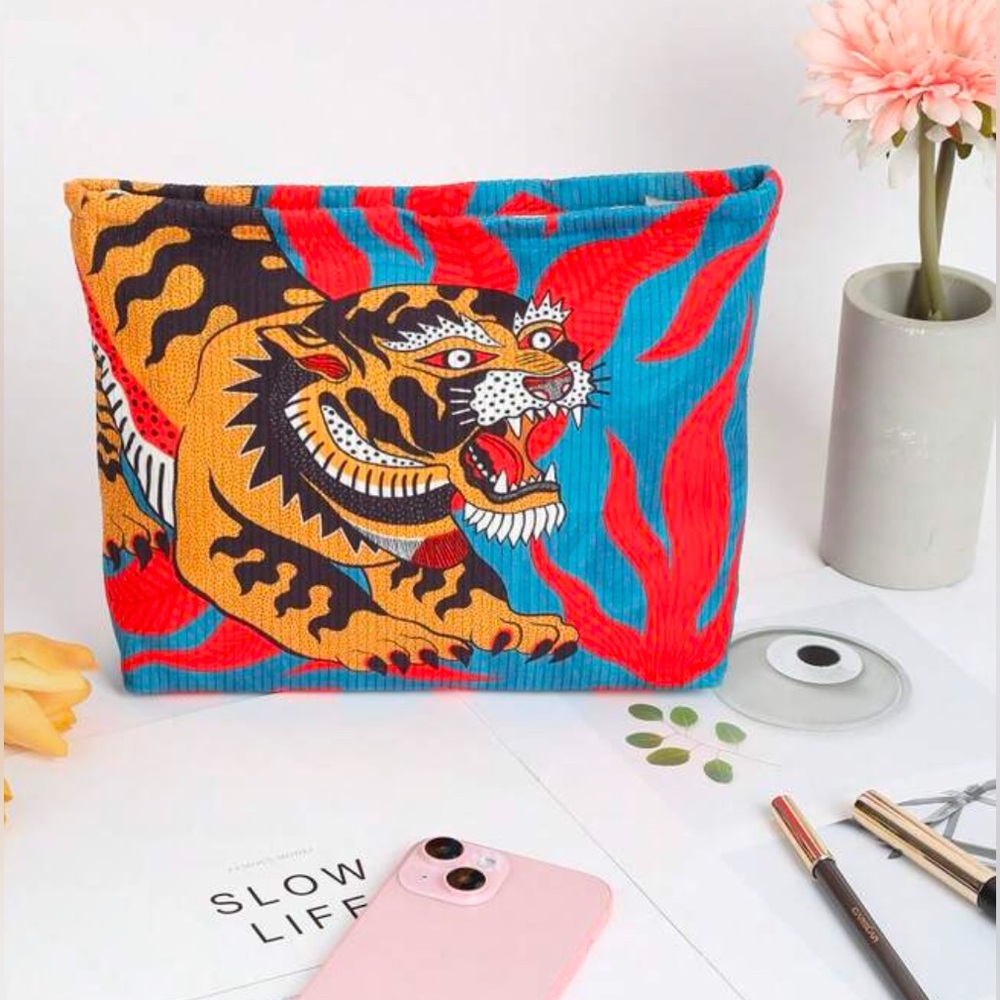 Vacation Tiger Pattern Corduroy Makeup Bag - Picture 2 of 7